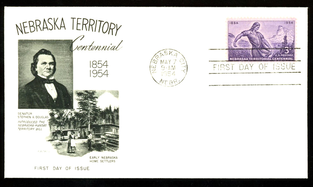 NEBRASKA TERRITORY CENTENARY 1954 SENATOR DOUGLAS FLEETWOOD  CACHET FDC UNADDR