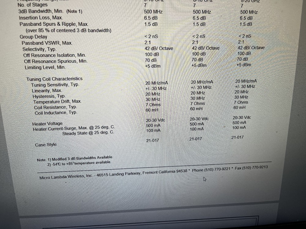 3EE Micro-Lambda Wireless MLFP-1463L bandpass YIG Filter Tektronix