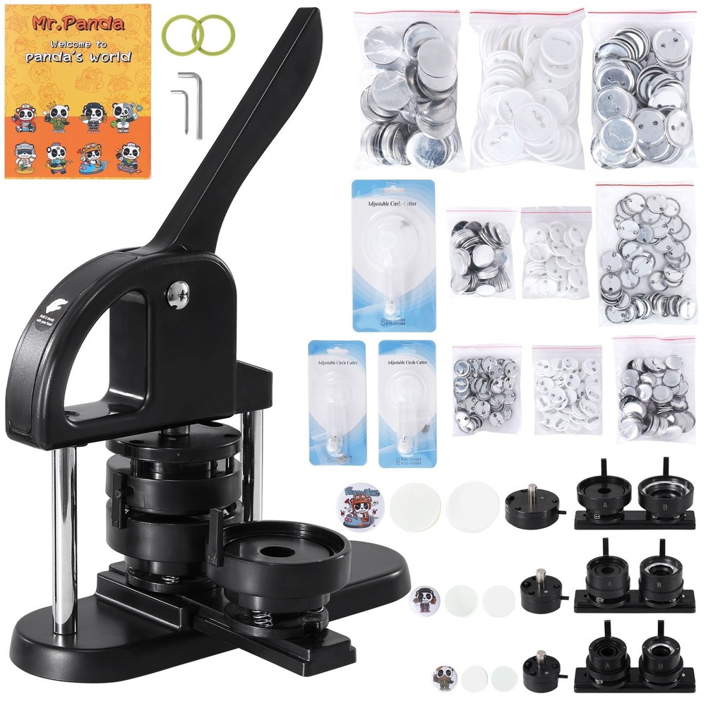 DIY Button Maker Kit: 3-Size Pin Press, ABS Body, Ergo Handle, Panda Book