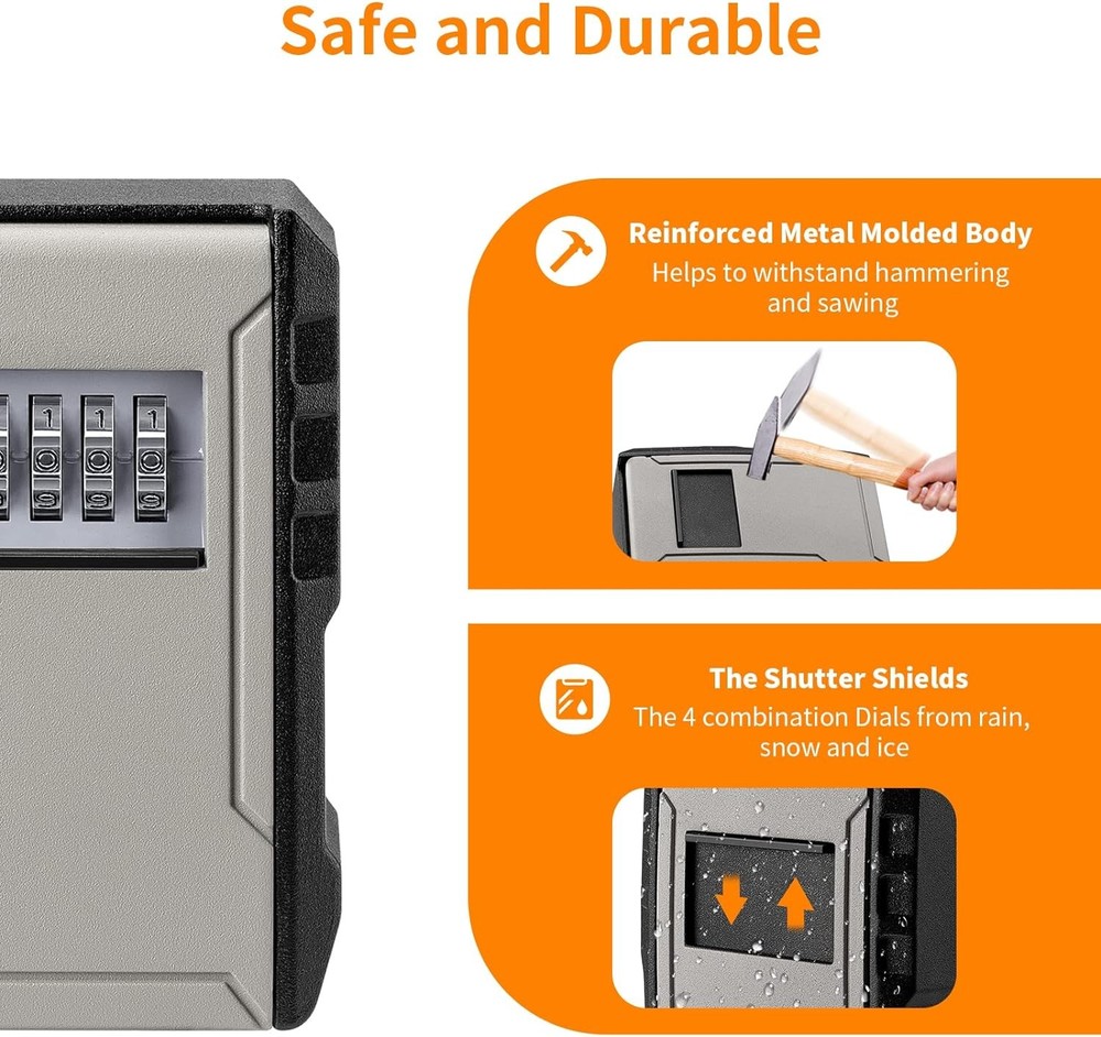 UPGRADE Extra Large Capacity Key Lock Box, Weatherproof Wall Mount Grey