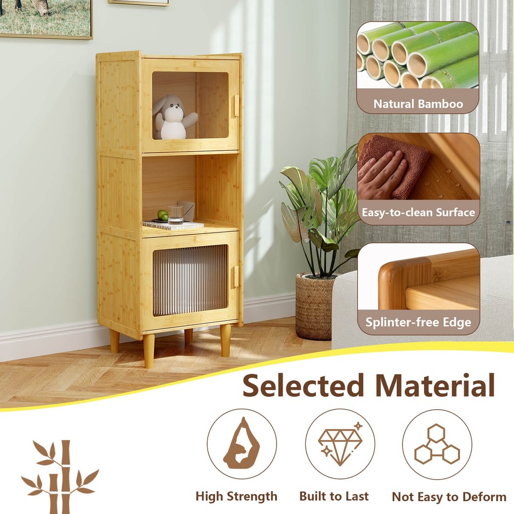 Bamboo Cabinet Narrow Kitchen Storage Cabinet w/ Open Compartment & Storage