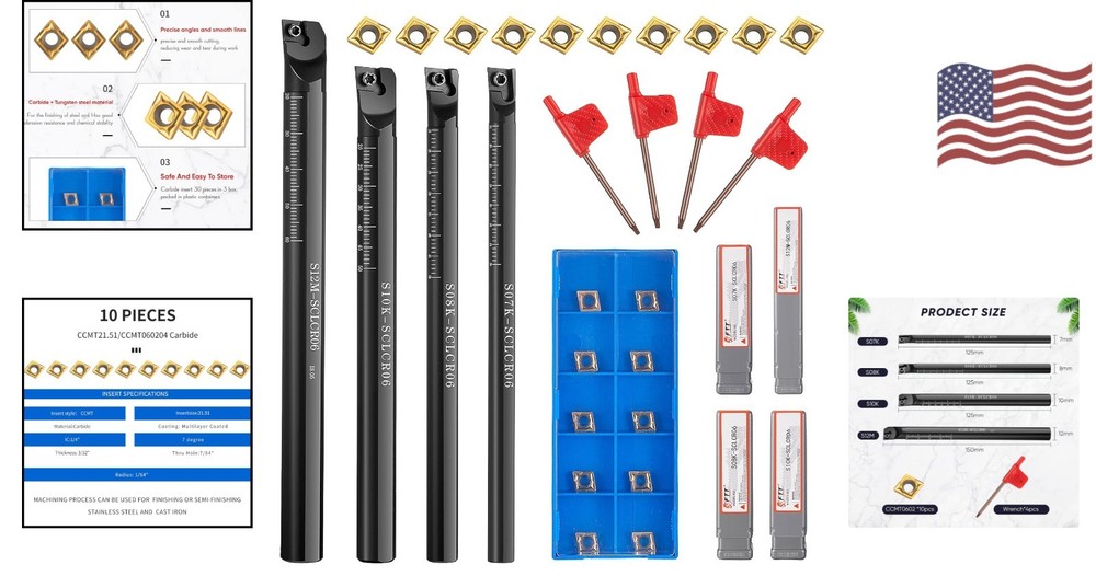 Professional Lathe Boring Set: 4 Holders & 10 Durable Carbide Inserts Included