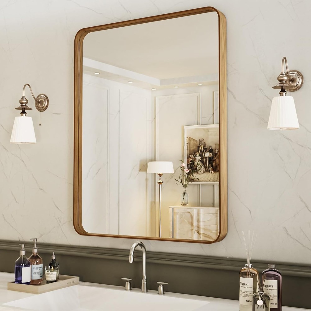 Black Metal Framed Bathroom Mirror Wall 22X30 Inch Rounded Rectangle Mirror