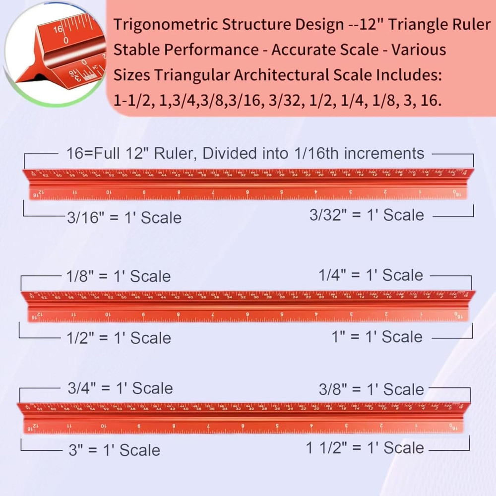 Architectural Scale Ruler, 12'' Imperial Architect Scale, Aluminum Engineer Scal