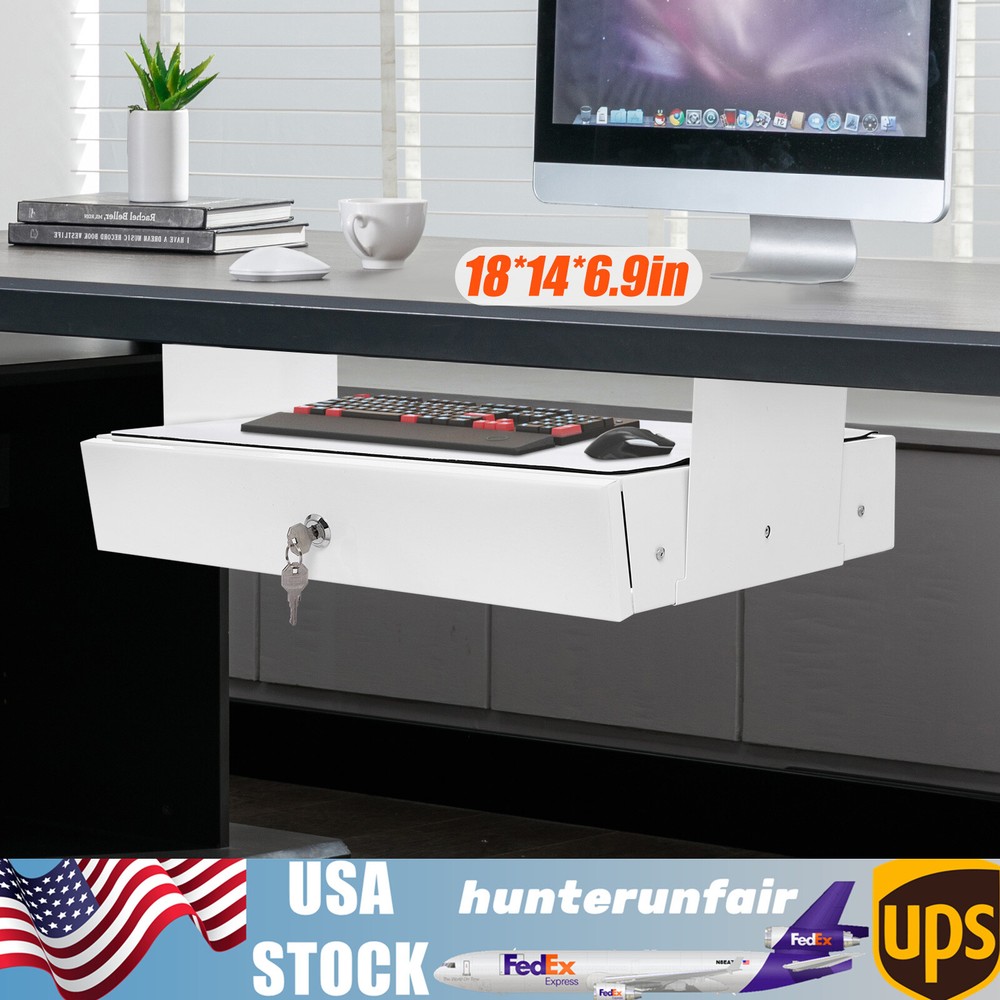 Under Desk Mounted Sliding Pull-out Storage Drawer With Computer Pad White USA