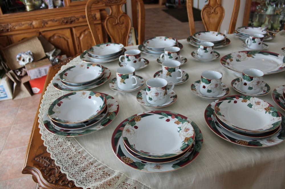 Tienshan Magnolia Dinnerware Set 5 Piece Place Setting For 12 & Serving Platter
