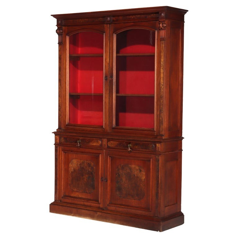 Antique Victorian Empire Walnut & Burl Step Back Bookcase C1880