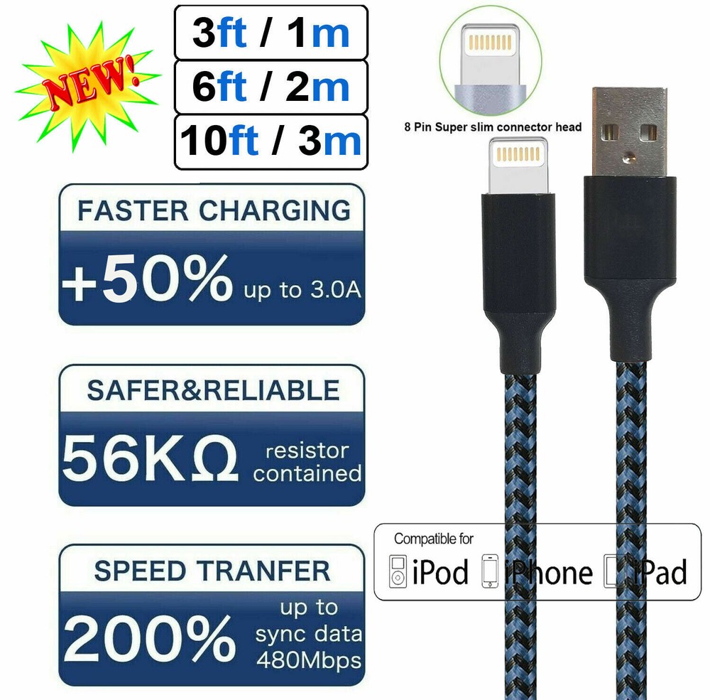 3 Cables iPhone Charger for Apple iPhone 12 11 X 13 14 iPad USB Cable
