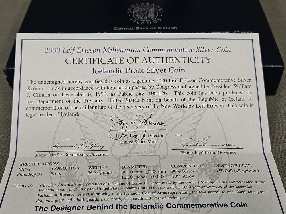 US Mint 2000 Leif Ericson Millennium Commemorative Silver Dollar COA