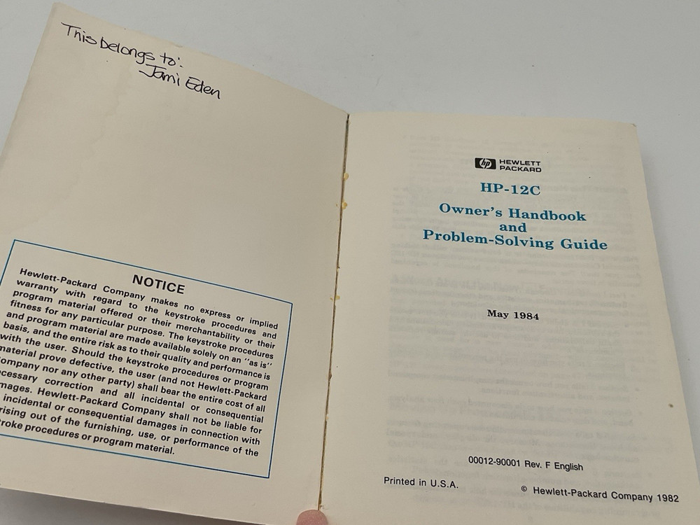 Hewlett Packard HP-12C Owner's Handbook And Problem-Solving Guide 5/84