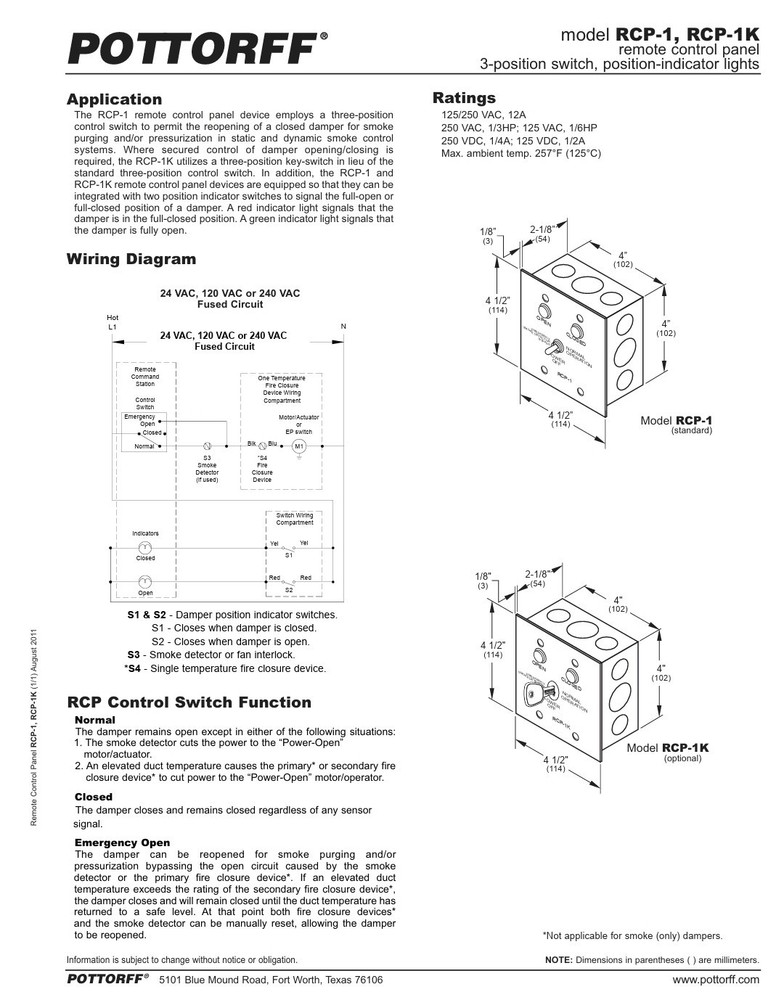POTTORFF RCP-1 - 3 POSITION SWITCH REMOTE CONTROL PANEL - NEW - 4 AVAILABLE