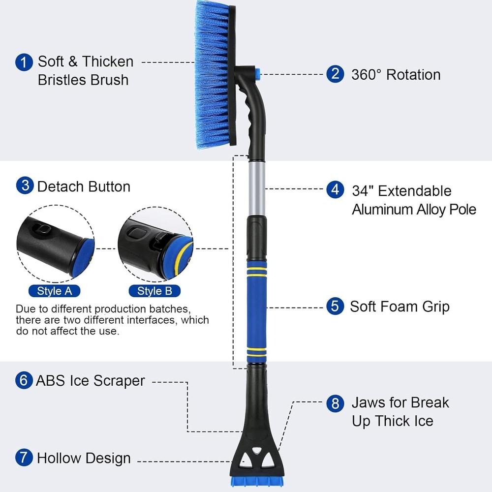 Extendable 2-in-1 Snow Brush & Ice Scraper - Protects Car Paint - 2-Pack