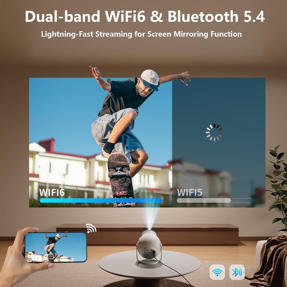 Android 14 Smart Mini Projector - 4K/8K Decode WiFi 6 BT 5.4 270° Stand White
