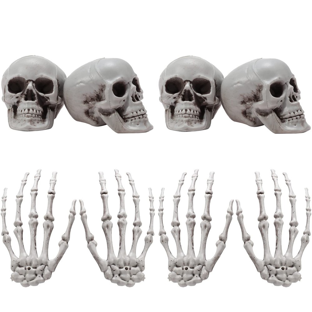 8-Piece Halloween Decoration Set - Realistic Mini Skulls & Skeleton Hands Props