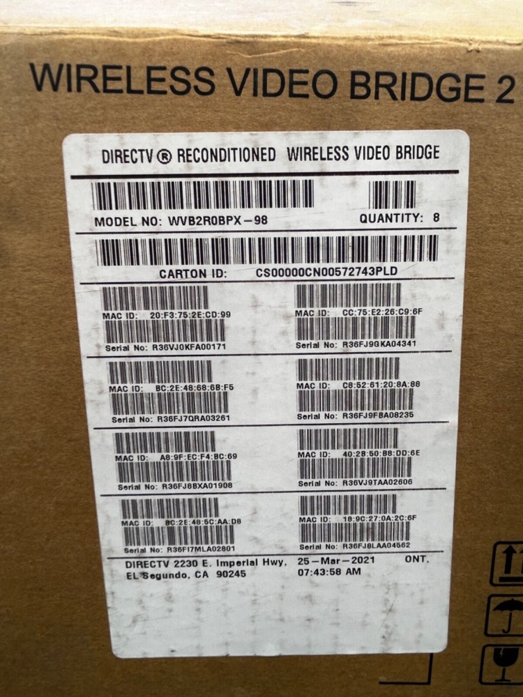(8) DIRECTV NEW RECONDITIONED WIRELESS VIDEO BRIDGE 2 WVB2R0BPX-98