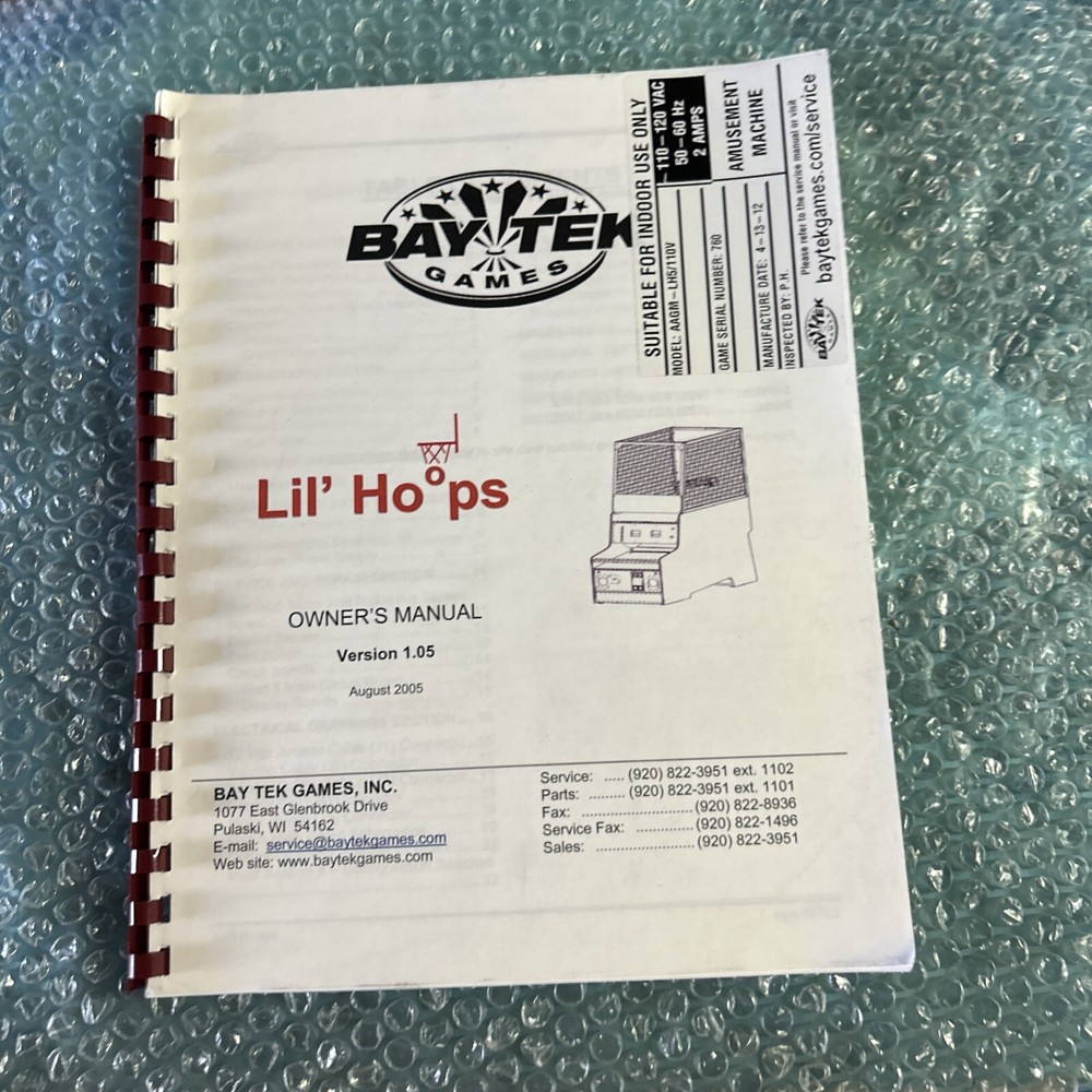 original  arcade  game owners manual Lil Hoops Bay Tek