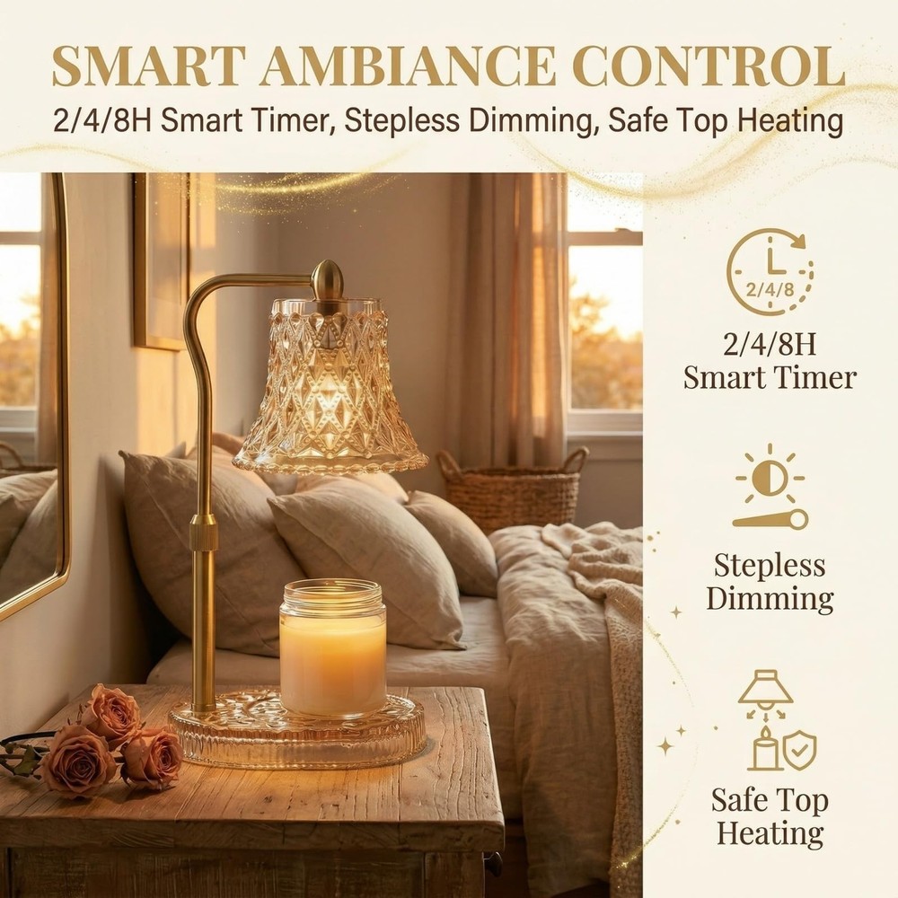 Candle Warmer Lamp with Timer, Dimmable, 2 Bulbs, Adjustable Brightness - Smart