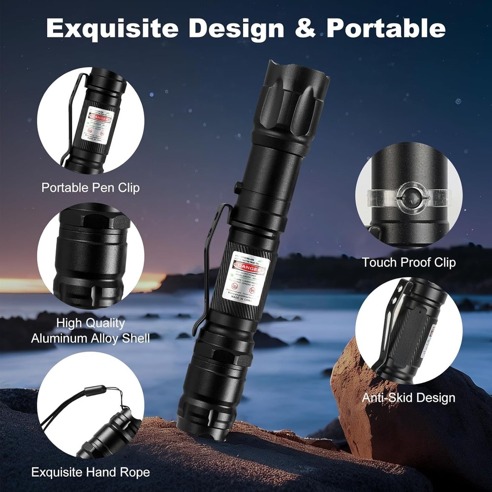 Rugged Green Laser Pointer - Long Range with USB Charging and Adjustable Light