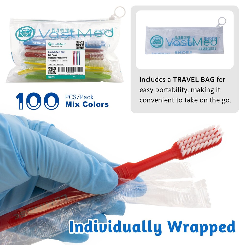 Disposable Pre-Pasted Toothbrushes by Vastmed Individually Wrapped