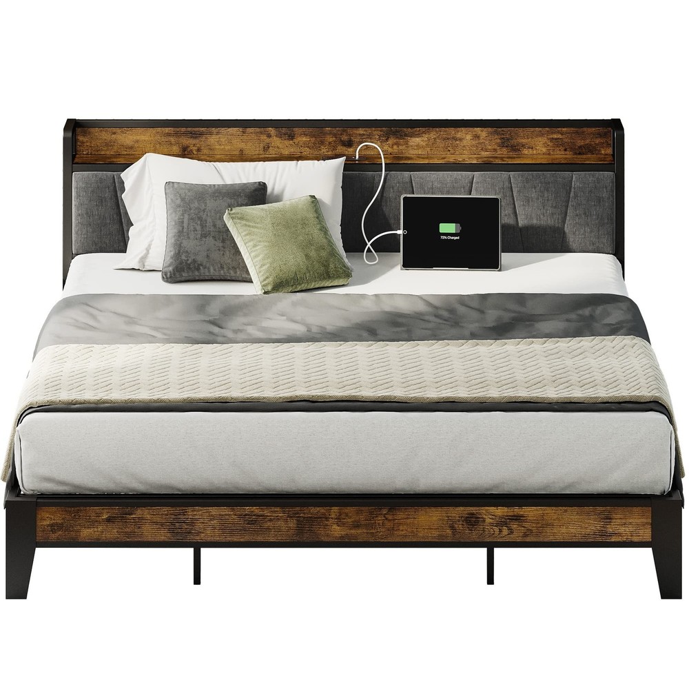LIKIMIO King Size Bed Frame, Storage Headboard with Charging Station, Solid a...