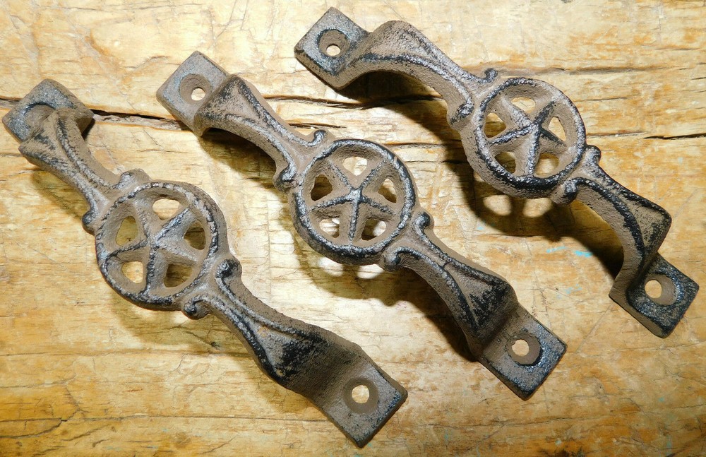 3 Large Cast Iron Antique Style STAR Barn Handle Gate Pull Shed Door Handles