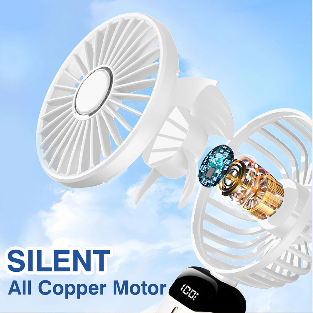 Foldable Handheld Fan White Battery Display,5 Speeds,USB Charging,8Hrs Cooling