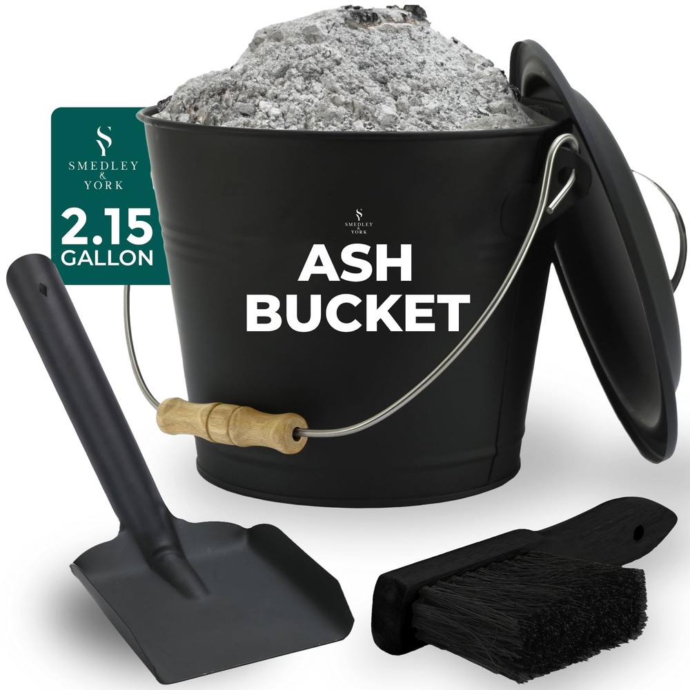 Black Ash Bucket with Lid, Complete Fireplace Tools Set, Includes Pail, Shove...