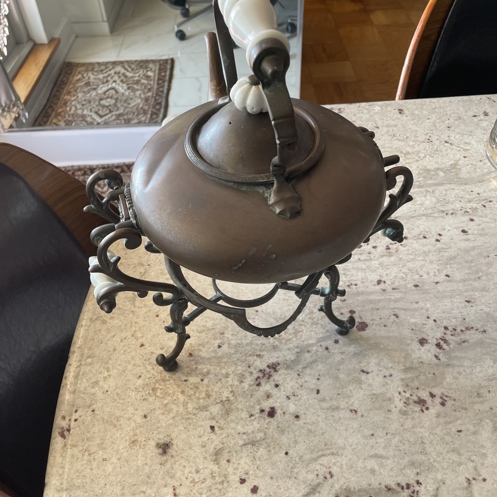 ANTIQUE COPPER BRASS TEA POT KETTLE ON STAND