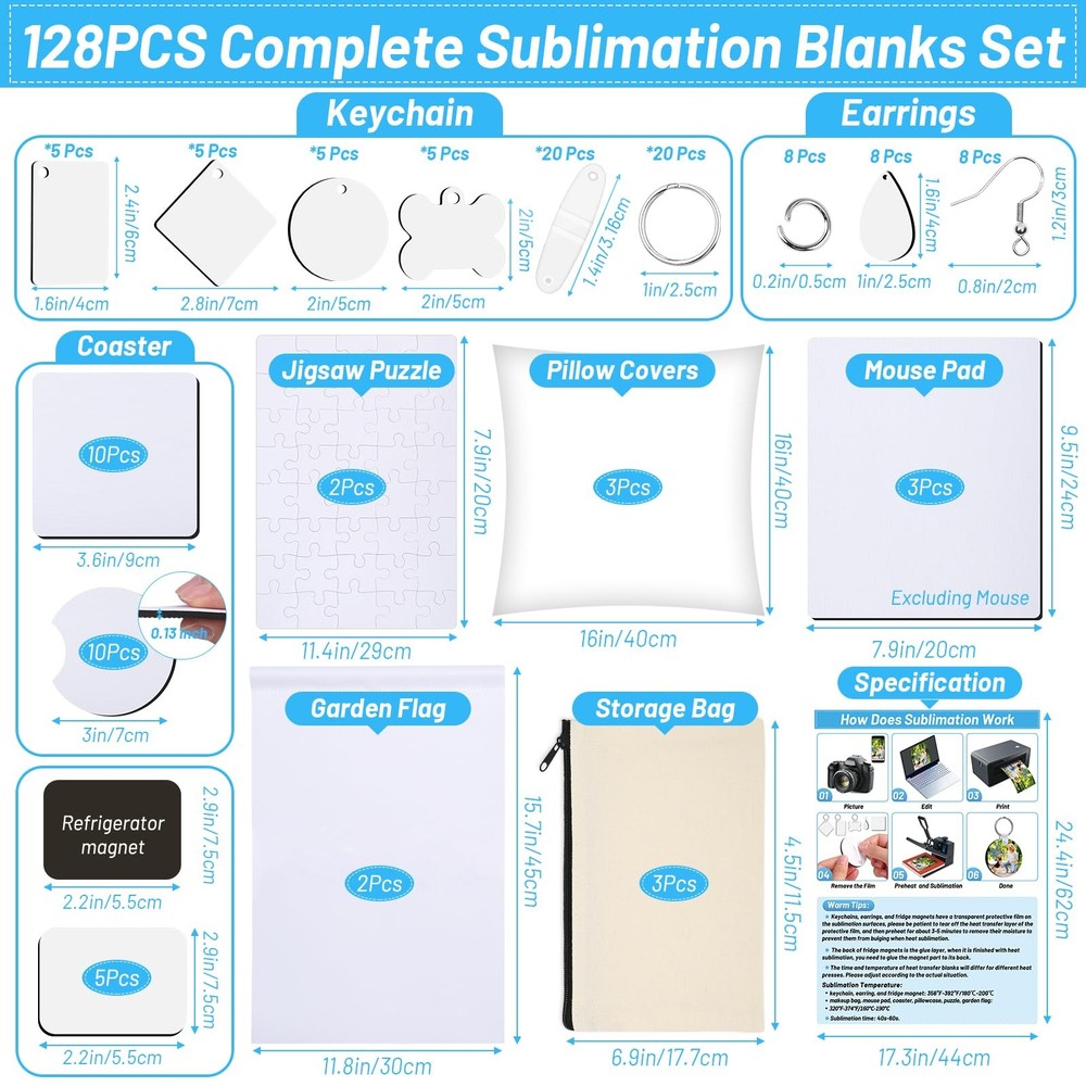 128-Piece Sublimation Blanks Kit - Premium DIY Bundle for Home Decor | Craft ...