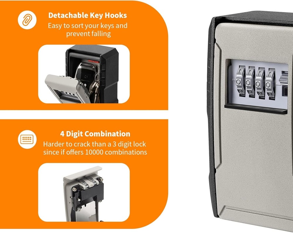 UPGRADE Extra Large Capacity Key Lock Box, Weatherproof Wall Mount Grey