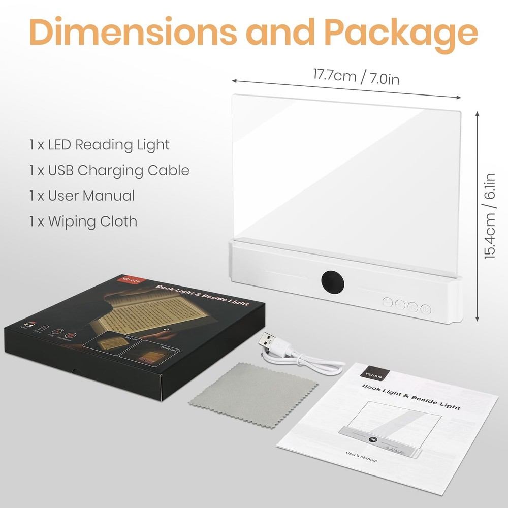 Smart Flat Book Light, Rechargeable Clear LED Reading Light with 3 Colors & T...