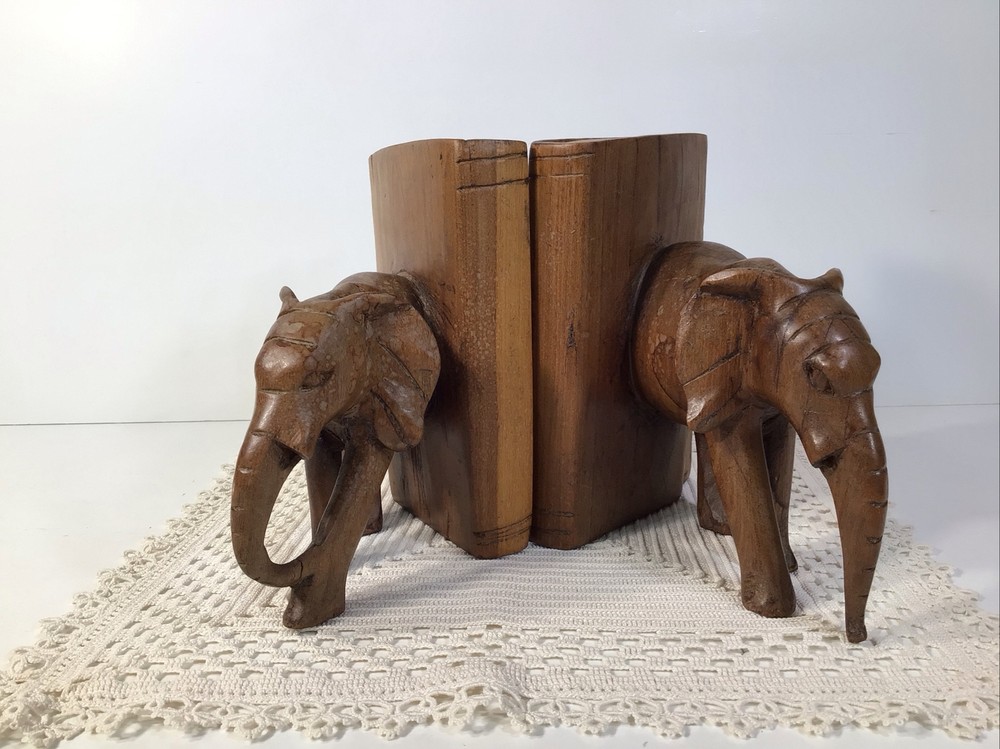 Elephant Bookends~Hand Carved Solid Wood~6” Tall~