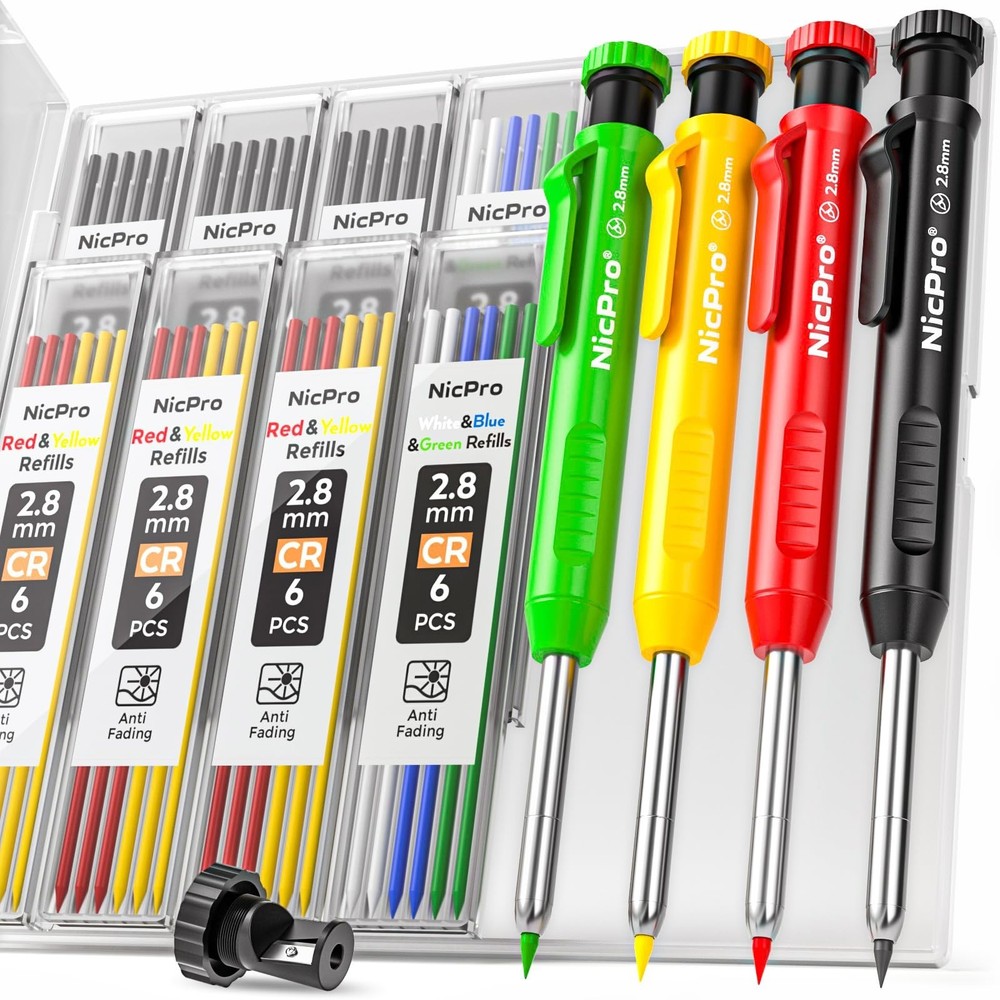 Nicpro 4 Pack Mechanical Carpenter Pencil with Sharpener & 52 Refills