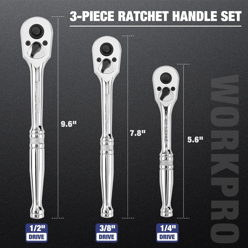 WORKPRO 3PC Ratchet Set Quick Release Reversible 72-Tooth 1/4" 3/8" 1/2" Drive