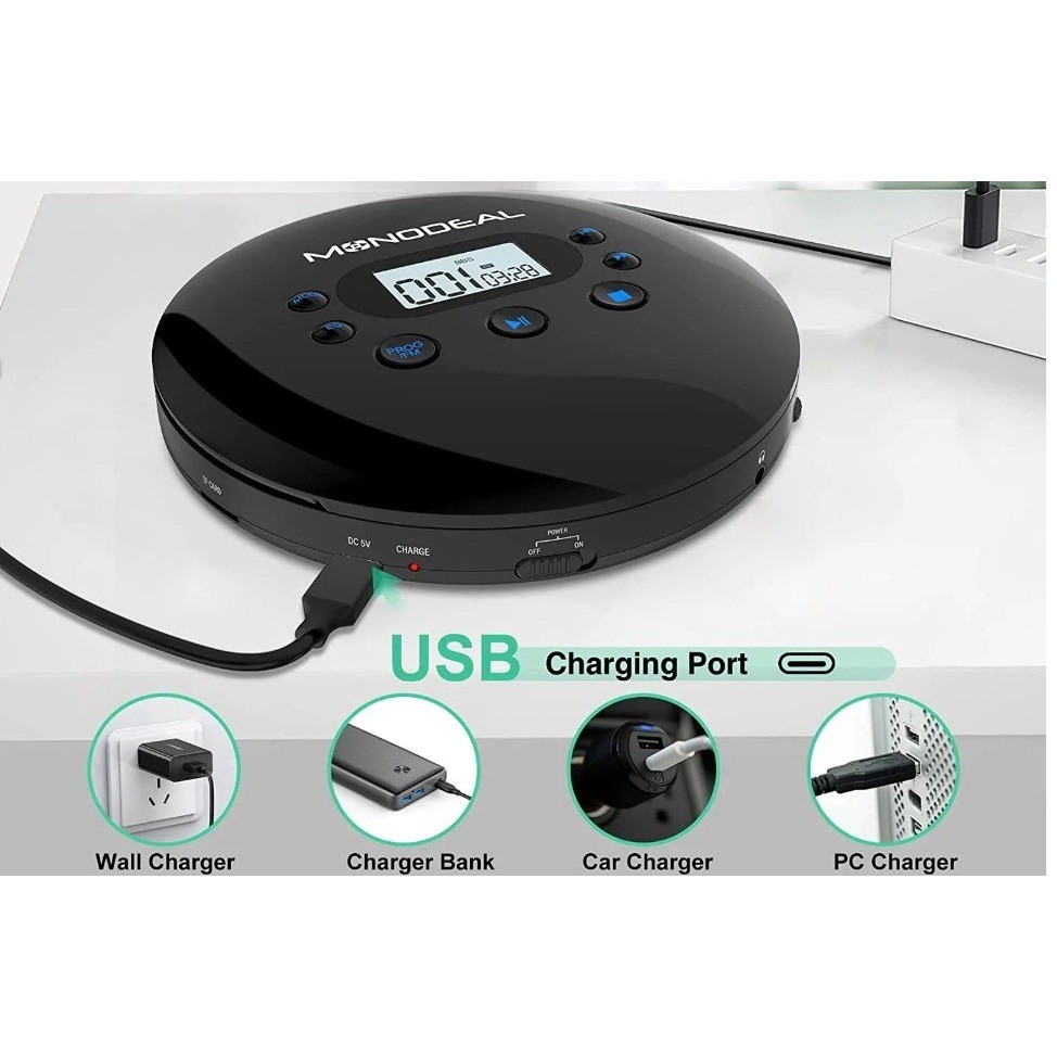 Monodeal Portable Rechargeable CD MP3 Player Programable AUX Anti-Skip 15 Hour