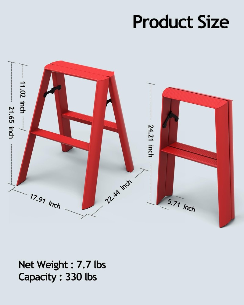 2 Step Stool, Aluminum Foldable Step Ladder, Lightweight Stable Stool with Non-S