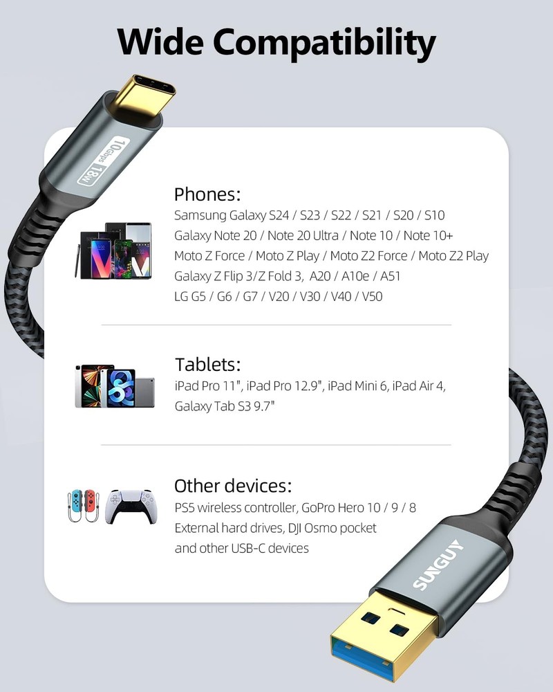 SUNGUY 10Gbps Android Auto USB Cable 1FT, 3A C 3.1 Gen2 Grey
