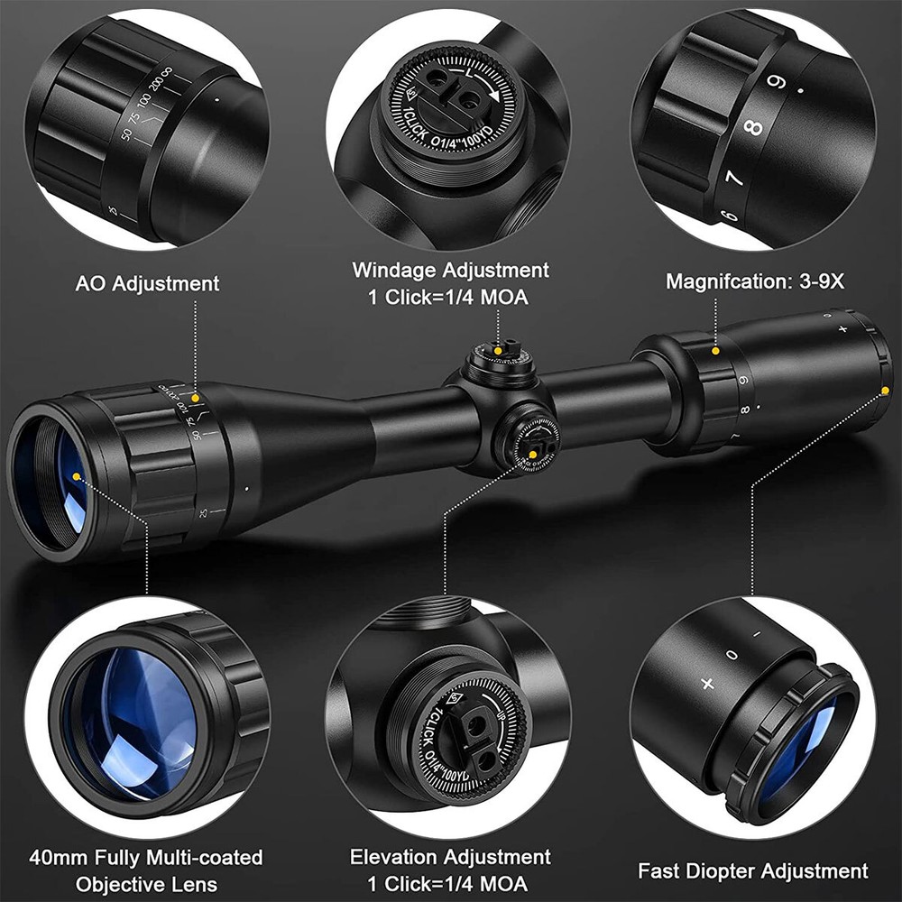 3-9X40 Rifle Scope Mil-Dot Reticle Optics Scope W/ Mounts - Adjustable Objective