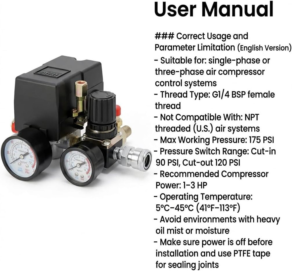QWORK Air Compressor Pressure Switch for Pneumatic Tools, 90–120PSI Adjustable C