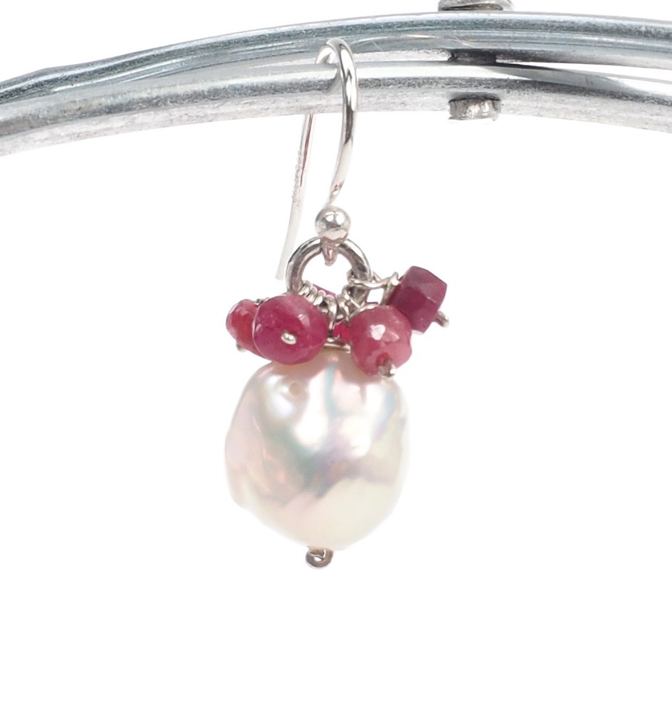 Genuine Faceted Ruby White Freshwater Pearl Cluster Drop Dangle Silver Earrings