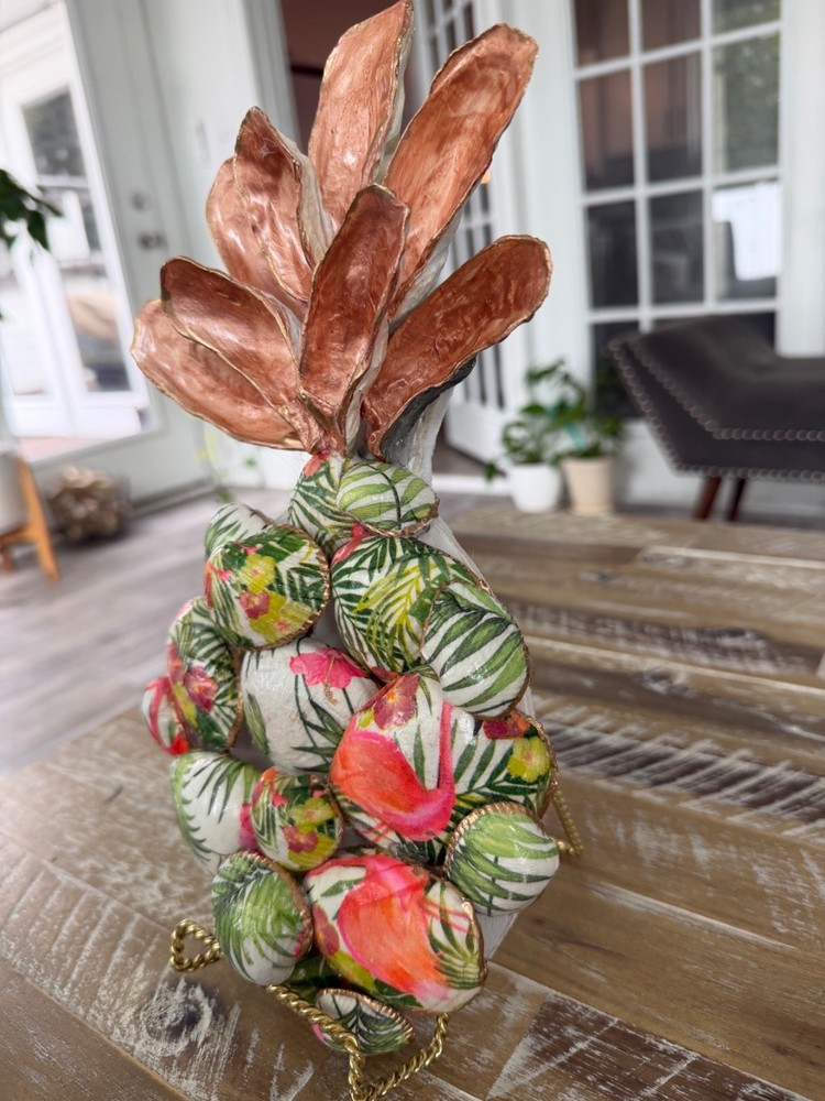 Decoupaged handcrafted pineapple shell decor. Pink and green. 7x12