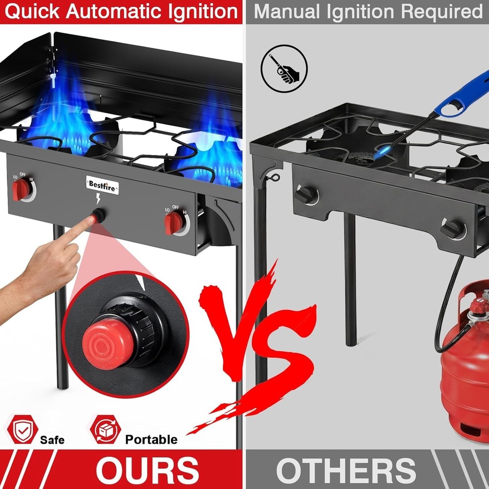 2 Burner Camping Stove with Windscreen&Side Shelves, Bag, Auto Ignition Button..