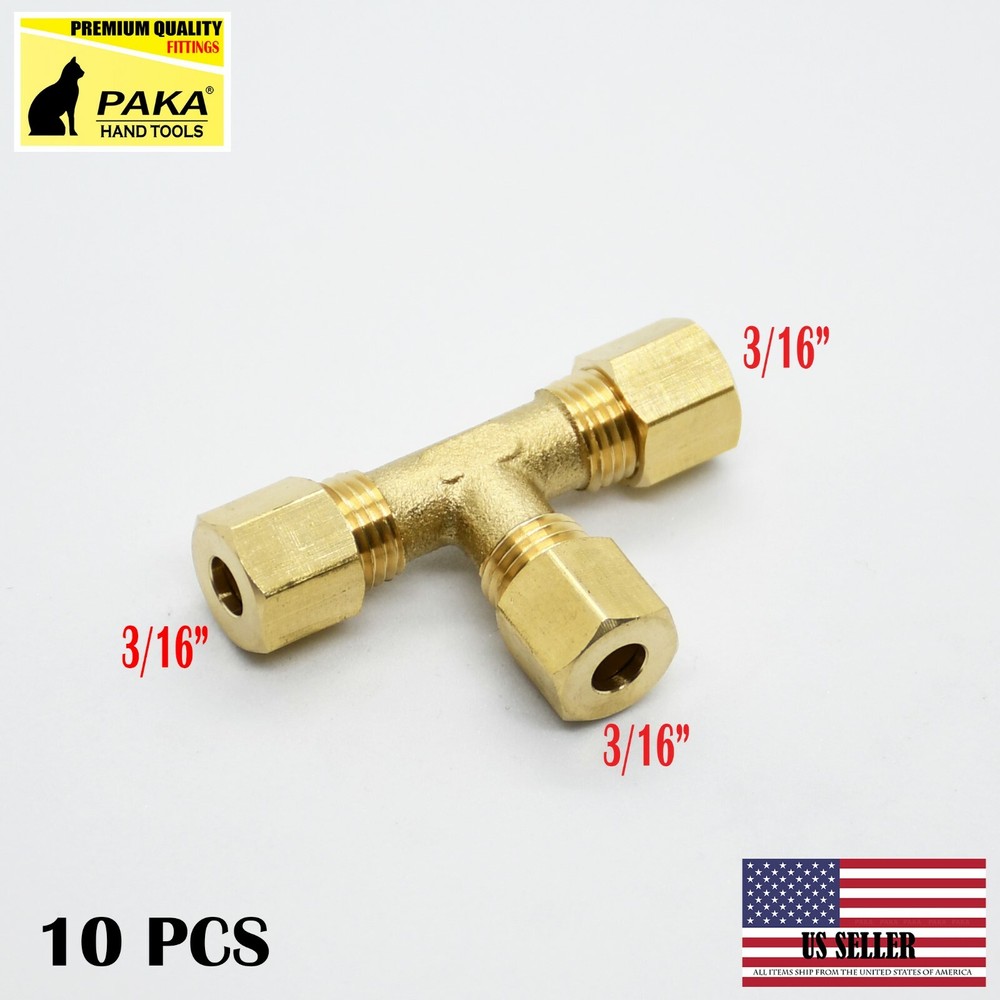 10 PCS – 3/16"  Brass Compression Fitting Tee Union
