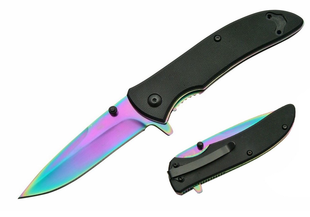 SPRING-ASSIST FOLDING KNIFE Rainbow Blade Black G10 Handle Tactical Utility EDC