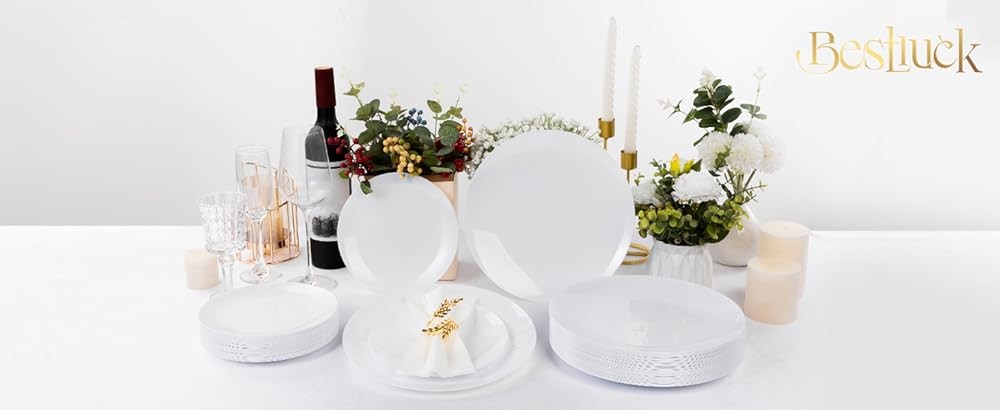 lu White Plastic Plates, White Disposable Plates for Party, Wedding,