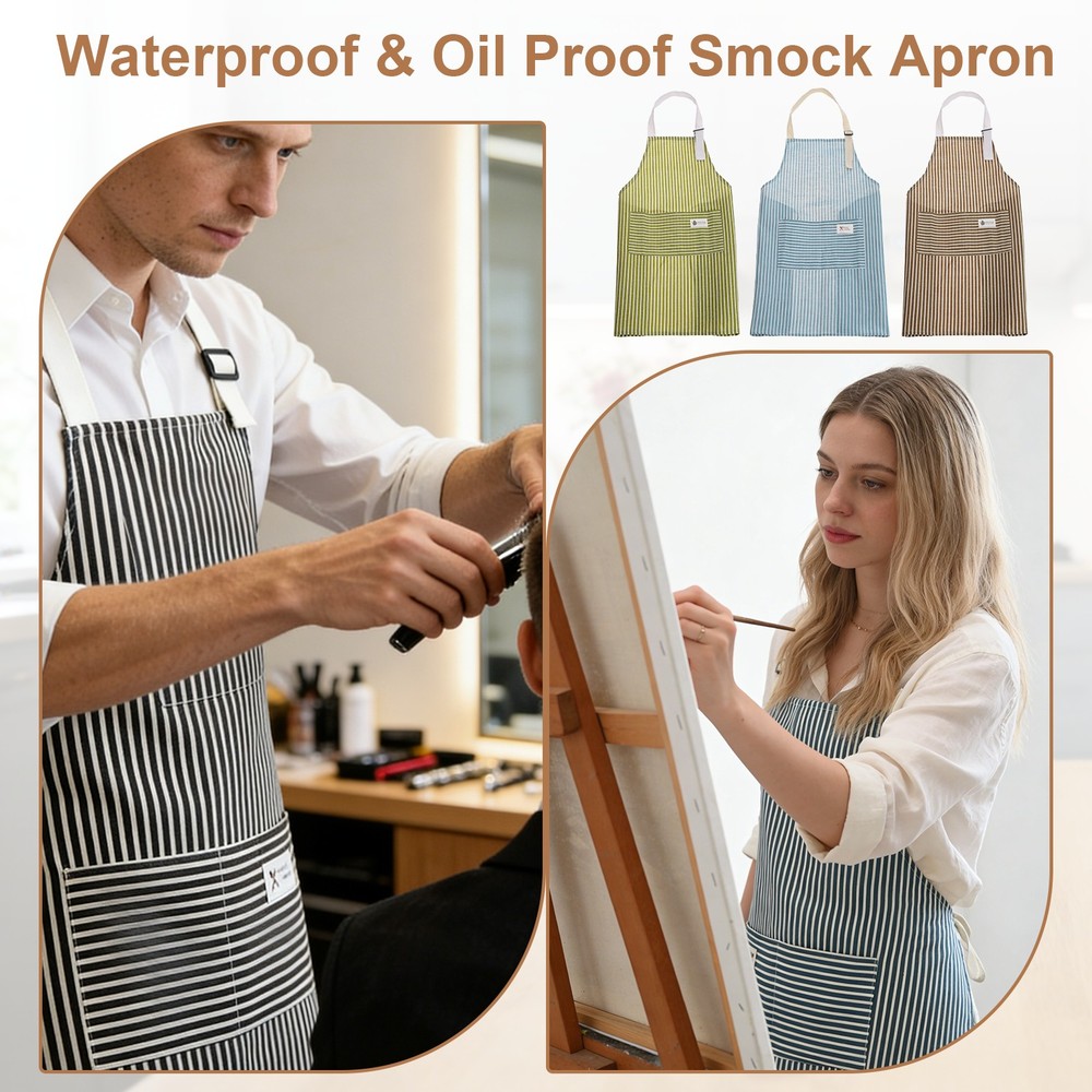 Kitchen Cooking Aprons, Adjustable Striped Neck Strap Apron with Pocket, Coffee