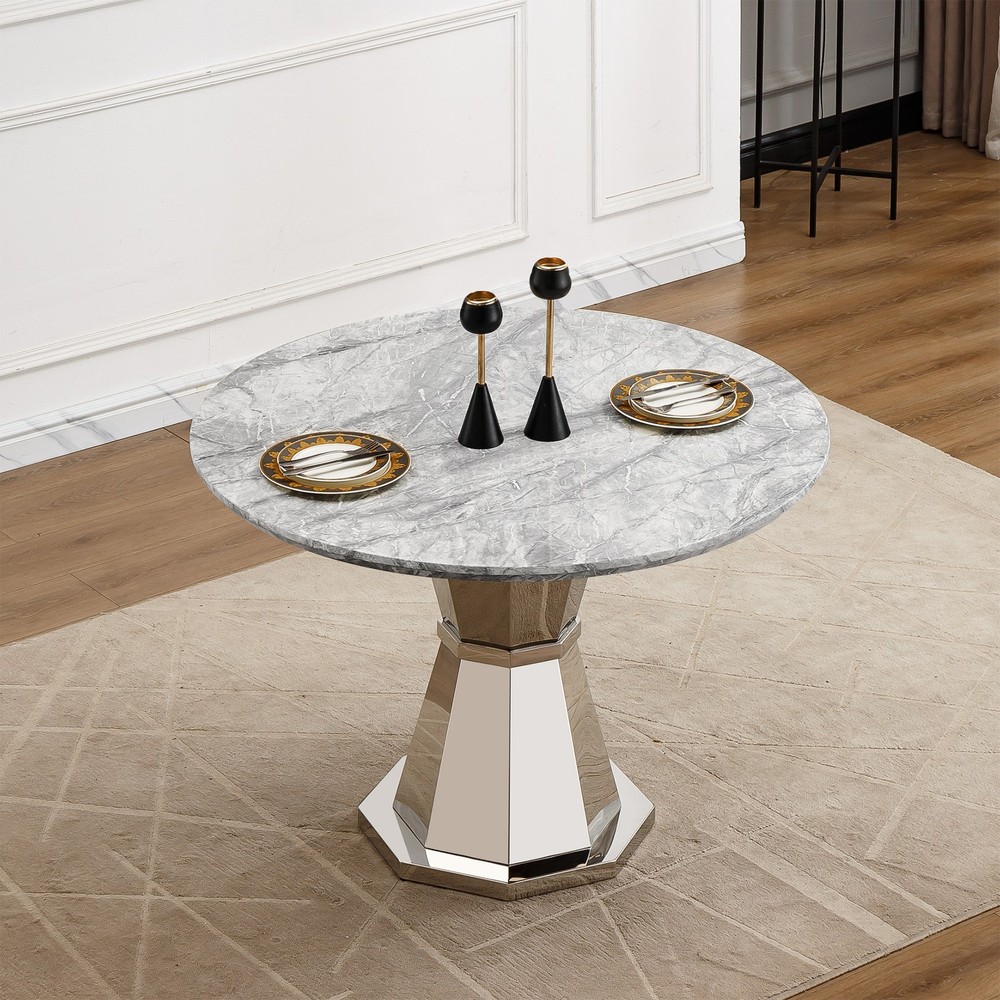 47" Round Marble Dining Table, Modern Kitchen Table with High Gloss Faux Marbl