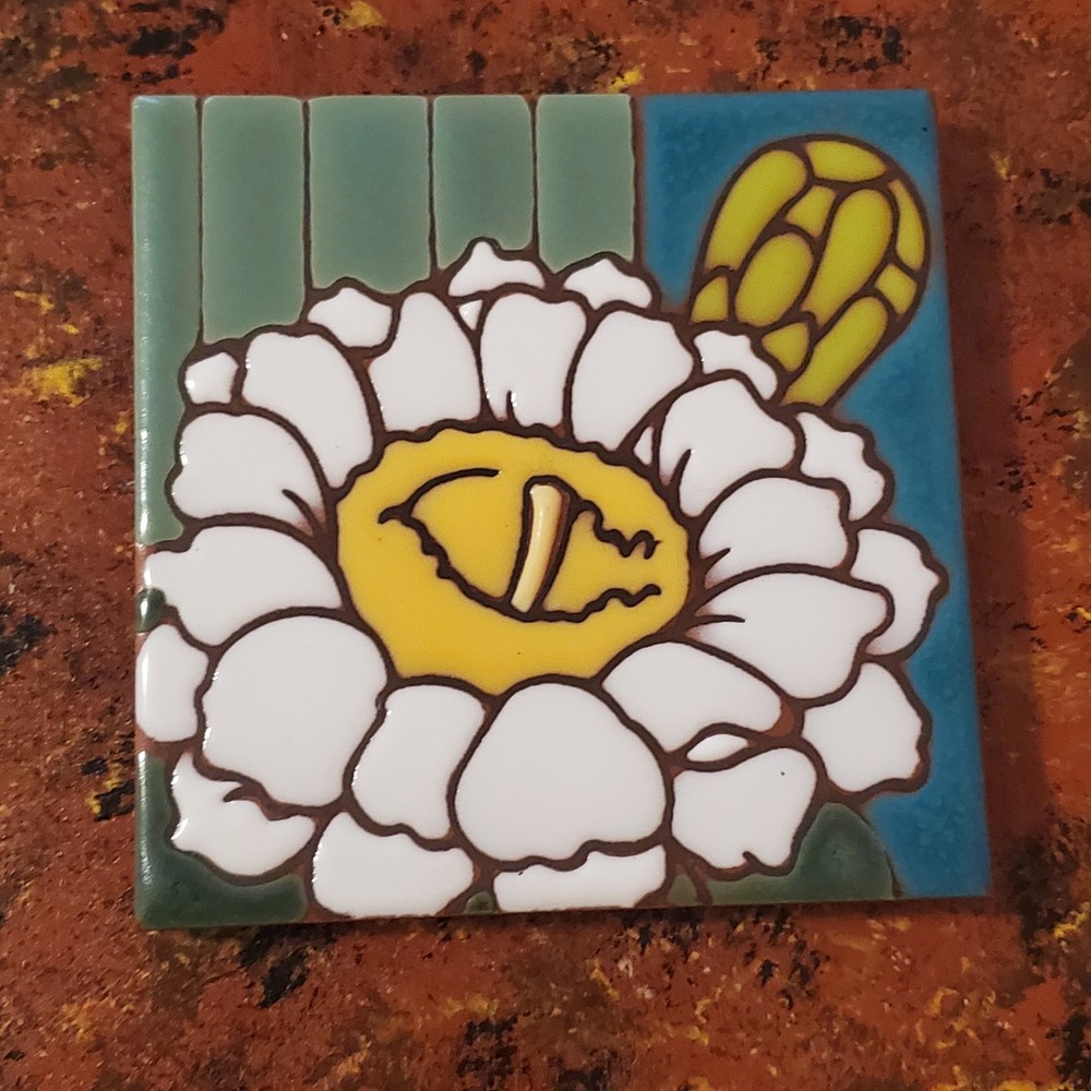 TWO CARLY QUINN DESIGNS 4” TILE COASTERS WHITE CACTUS FLOWER CORKED BACK EUC.
