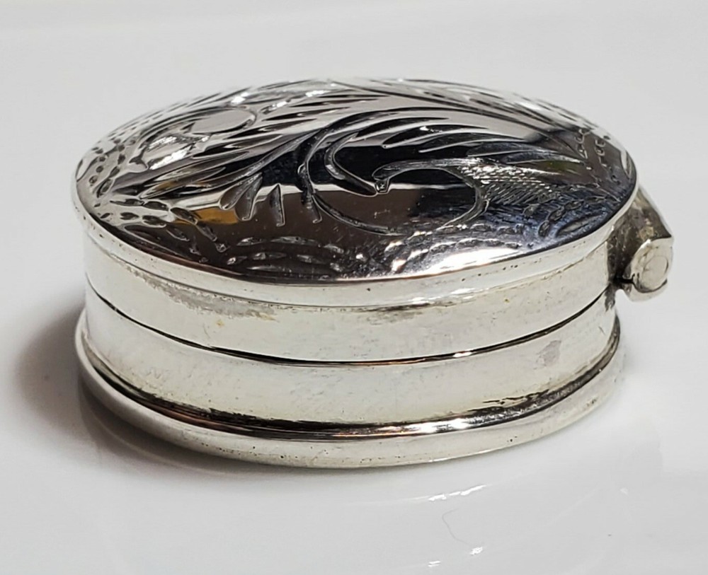 Vintage Round Sterling Silver Hinged Pill Box Shape Etched .925 PL1