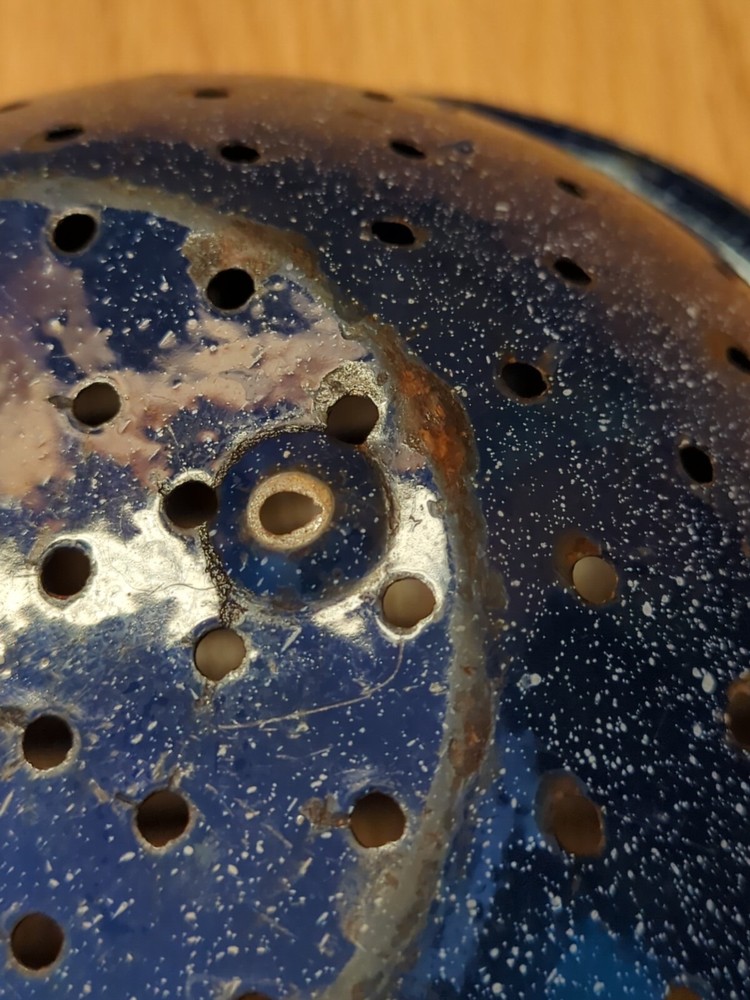 Vintage Enamelware Colander Strainer Blue Speckled 11.5" Round